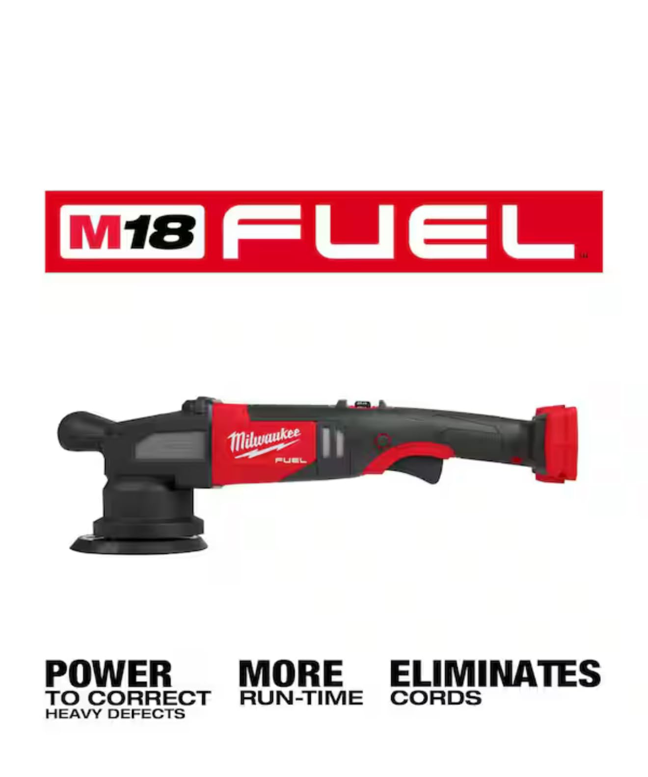 Milwaukee M18 FUEL 15mm polisher, side view, ergonomic grip for extended use.