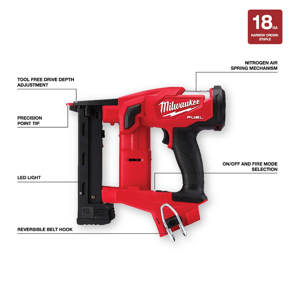 M18 FUEL 18GA narrow crown stapler loaded with staples for efficiency.