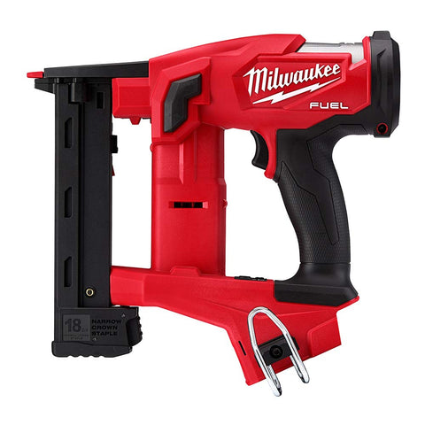Milwaukee M18 FUEL stapler in use delivering consistent drive into trim work.