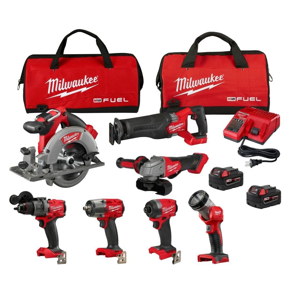 Milwaukee M18 FUEL hammer drill shown with compact design for tight spaces.