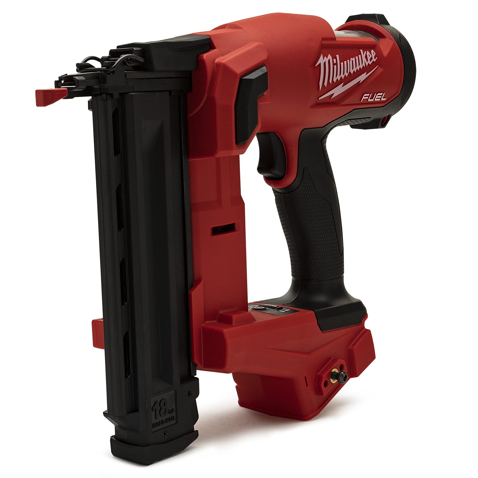 Milwaukee M18 Fuel Brad Nailer shows nitrogen air spring for consistent depth.