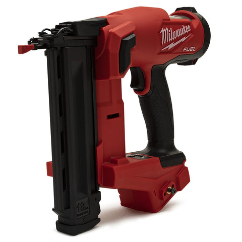 Milwaukee M18 Fuel Brad Nailer shows nitrogen air spring for consistent depth.