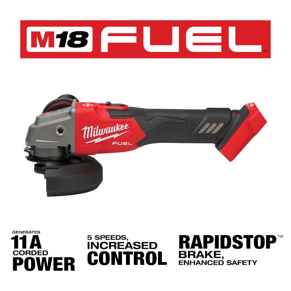 Close-up of Milwaukee M18 Fuel brake system showing quick-stop safety.