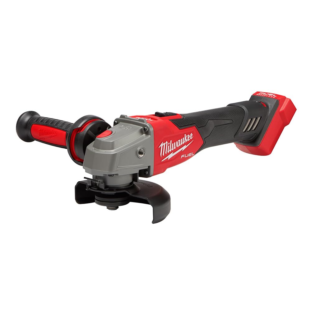 Milwaukee M18 Fuel braking grinder in use with 4-1/2 to 5 inch wheel.