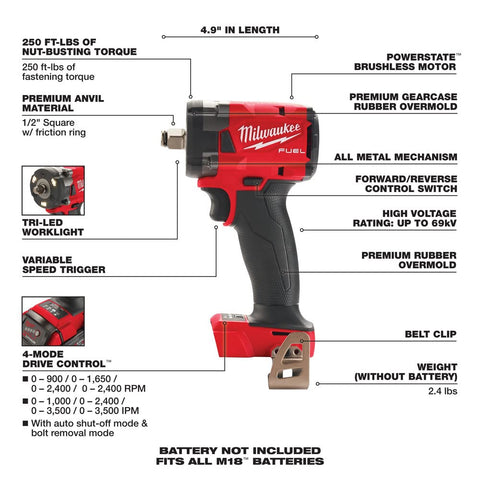 Milwaukee M18 Fuel half-inch impact wrench with Friction Ring, bolt removal mode in use.