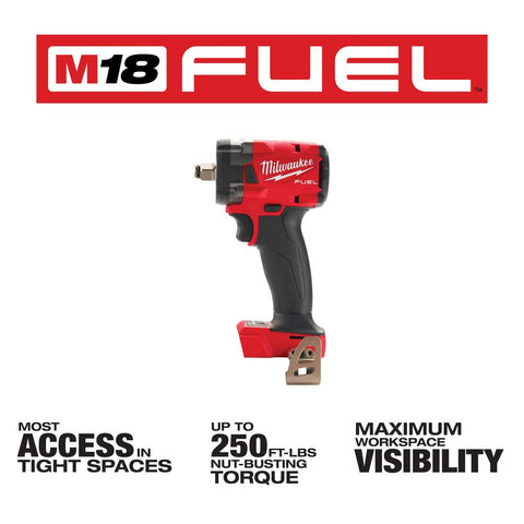 Milwaukee M18 Fuel half-inch impact wrench with Friction Ring, LED lighting for visibility.