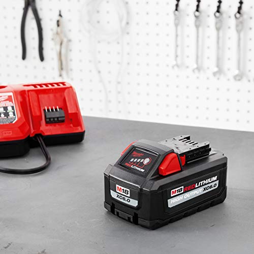 Milwaukee M18 High-Output 6Ah battery compatibility chart, showing 150+ tools supported