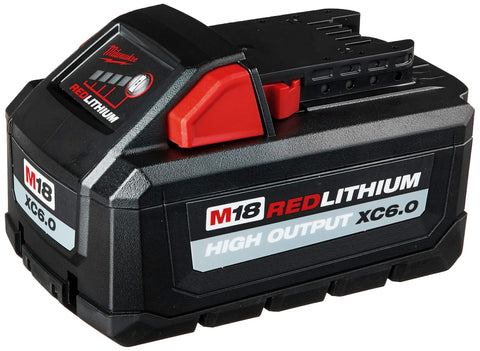 Milwaukee M18 High-Output 6Ah battery front view, rugged design and longer runtime