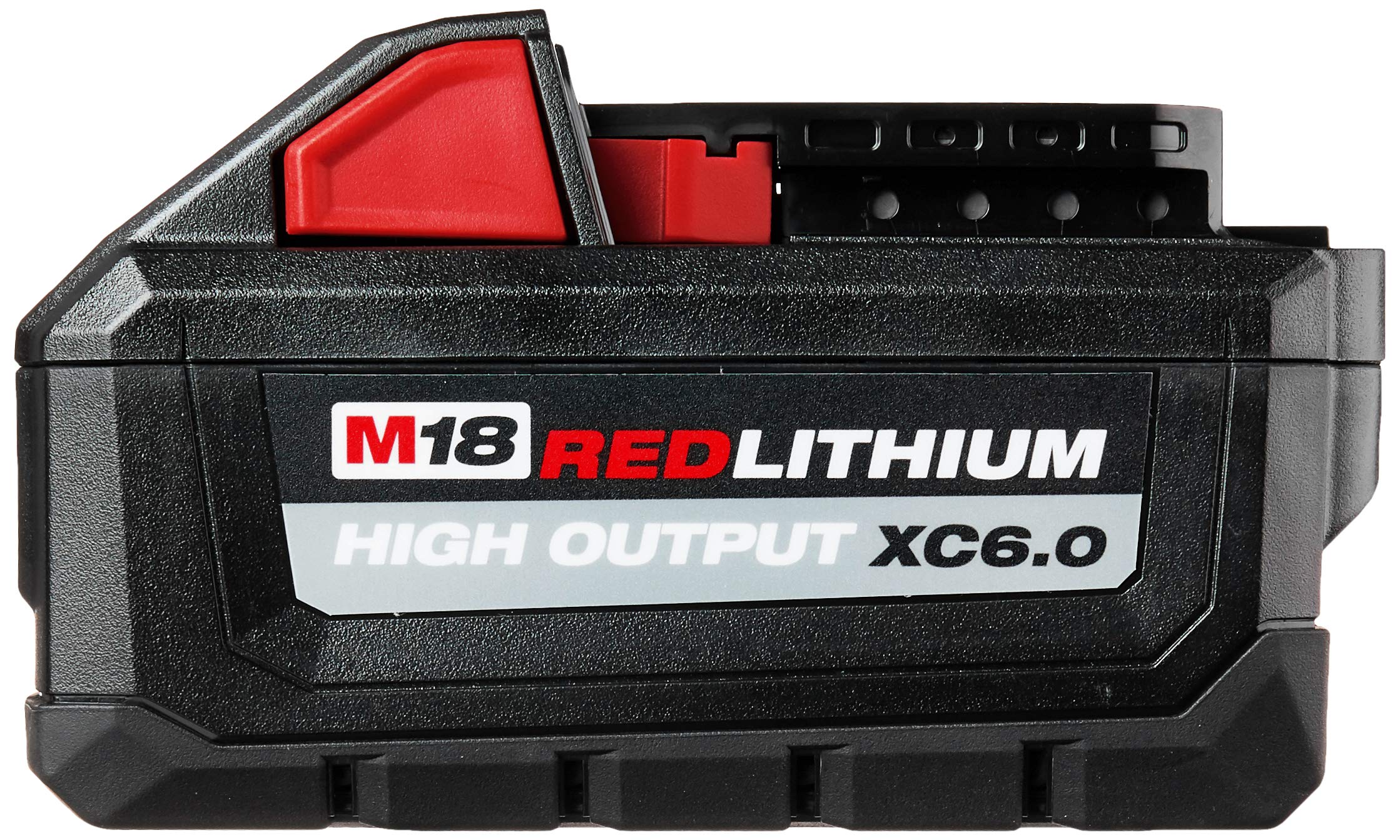 Milwaukee M18 High-Output 6Ah battery side view, compact profile for tool balance