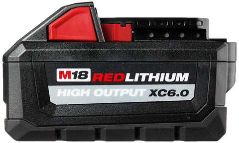 Milwaukee M18 High-Output 6Ah battery side view, compact profile for tool balance