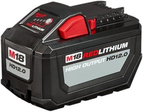 Milwaukee M18 High Output HD12-0 battery pack in use, powering cordless tools on site.