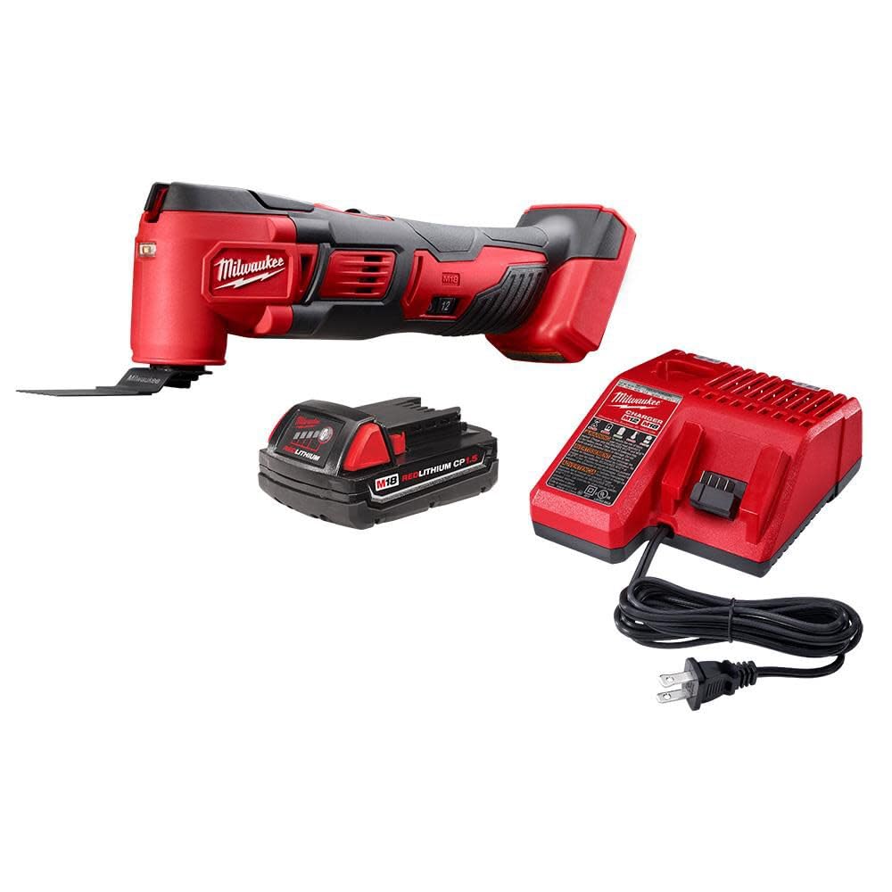 Milwaukee M18 multi-tool with 1.5Ah battery enabling versatile cutting and sanding tasks.