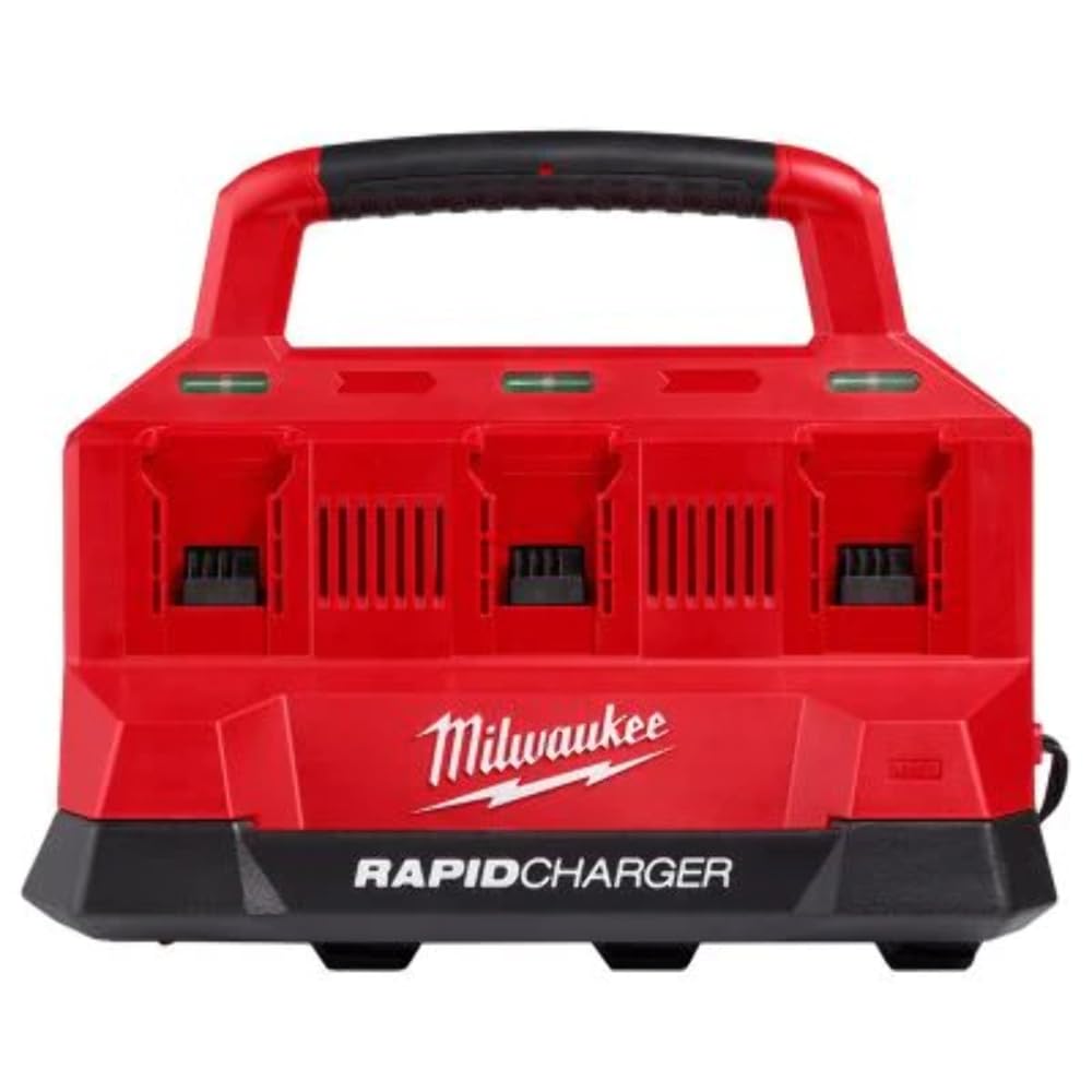 Milwaukee M18 PACKOUT Six Bay Rapid Charger front view, quickly charges two batteries for on-site use.