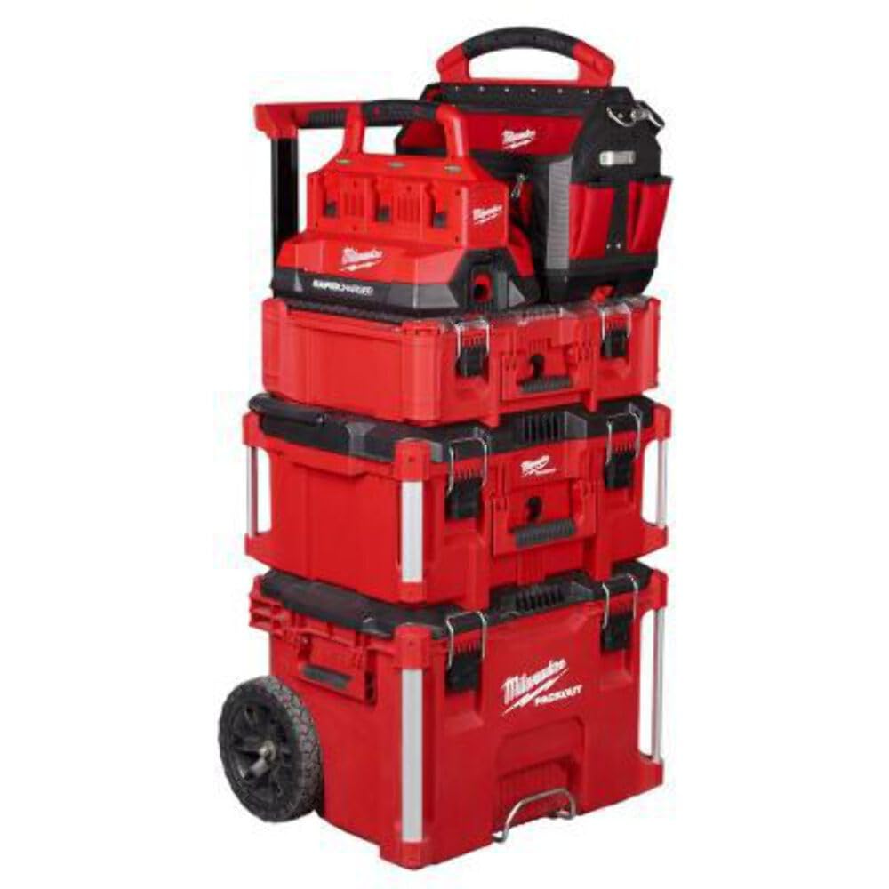 Milwaukee M18 PACKOUT Six Bay Rapid Charger packed in PACKOUT with organized side storage.