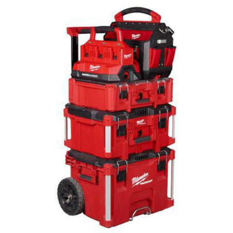Milwaukee M18 PACKOUT Six Bay Rapid Charger packed in PACKOUT with organized side storage.