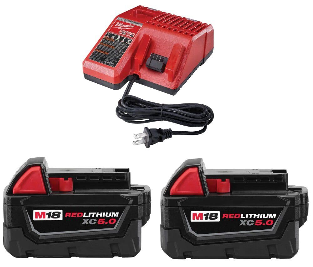 Milwaukee M18 rapid charger for two 5.0 Ah batteries.