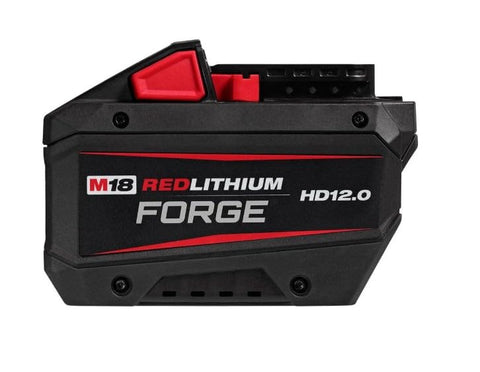 Milwaukee M18 REDLITHIUM Forge HD12.0 battery pack front view with rugged housing and cooling