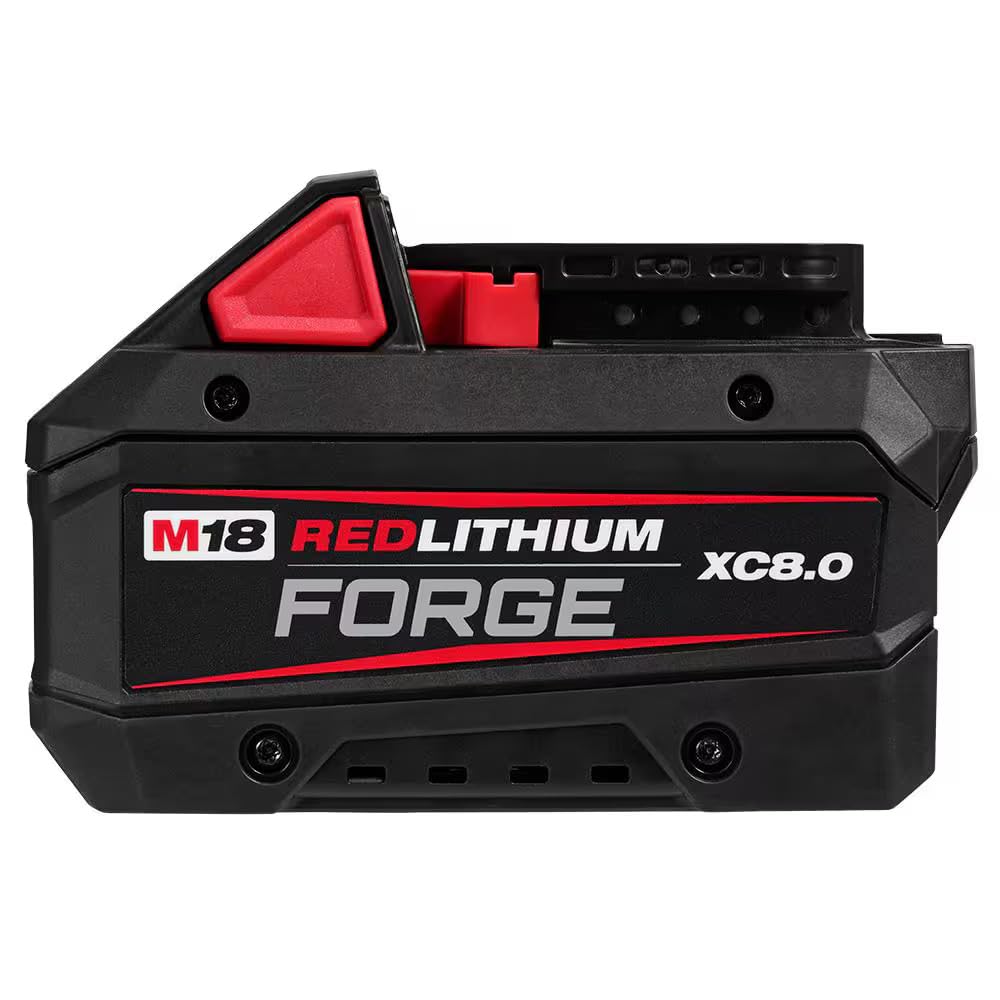 Milwaukee M18 REDLITHIUM Forge XC8.0 battery pack front view, delivering high-output power for tools.