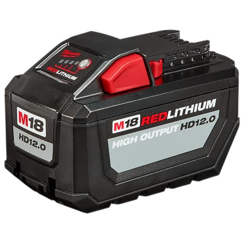 Milwaukee M18 HD12.0 front view highlighting 12Ah capacity for longer runtime.