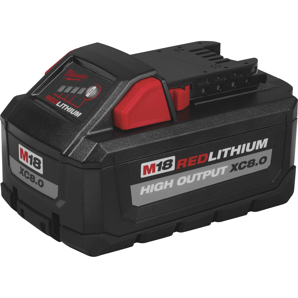 Milwaukee M18 REDLITHIUM High Output 8.0Ah battery pack side view showing sturdy build and power potential