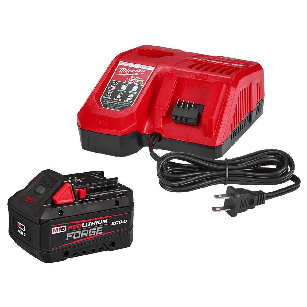 Milwaukee M18 REDLITHIUM High Output XC8.0 Starter Kit front view highlighting rugged housing for harsh job sites.