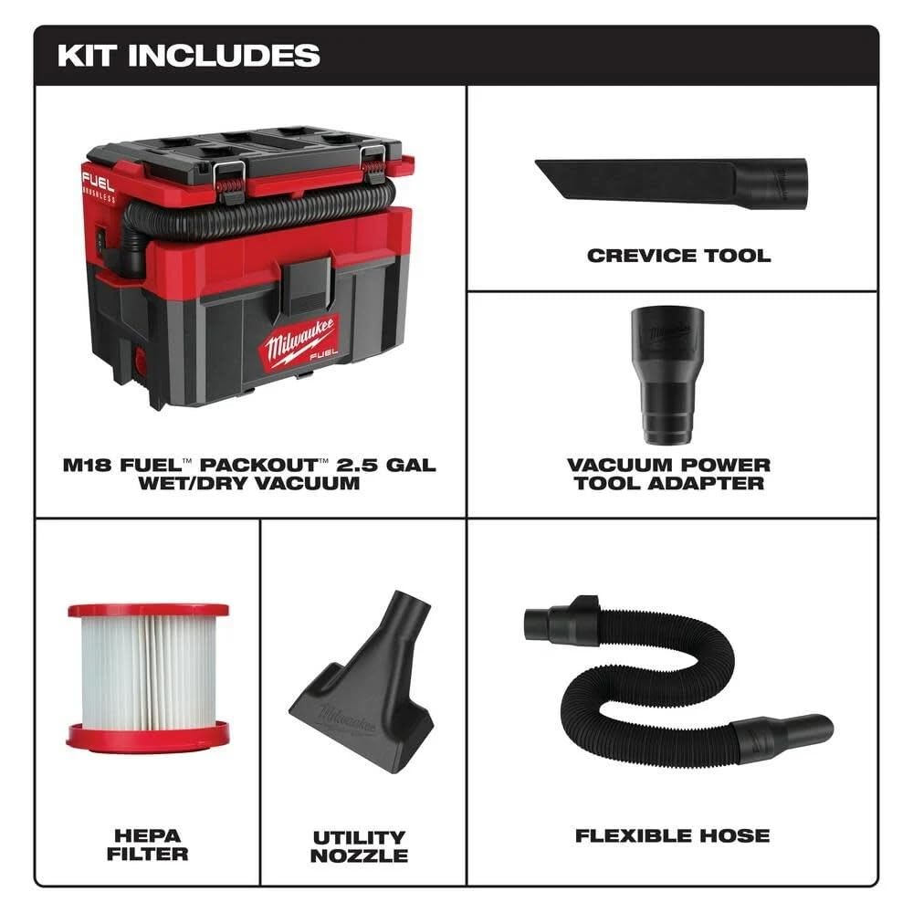 The Milwaukee M18FPOVCL wet-dry suction in action showcases powerful pick-up for spills and debris.