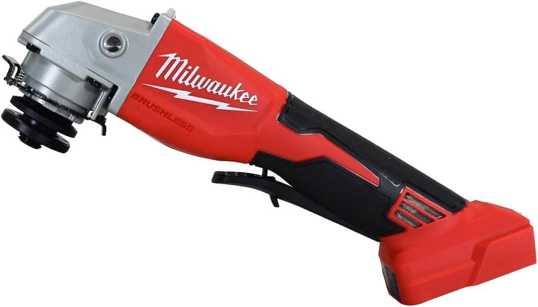Milwaukee M18TRADE tool-free guard adjustment enabling quick setup on the grinder.