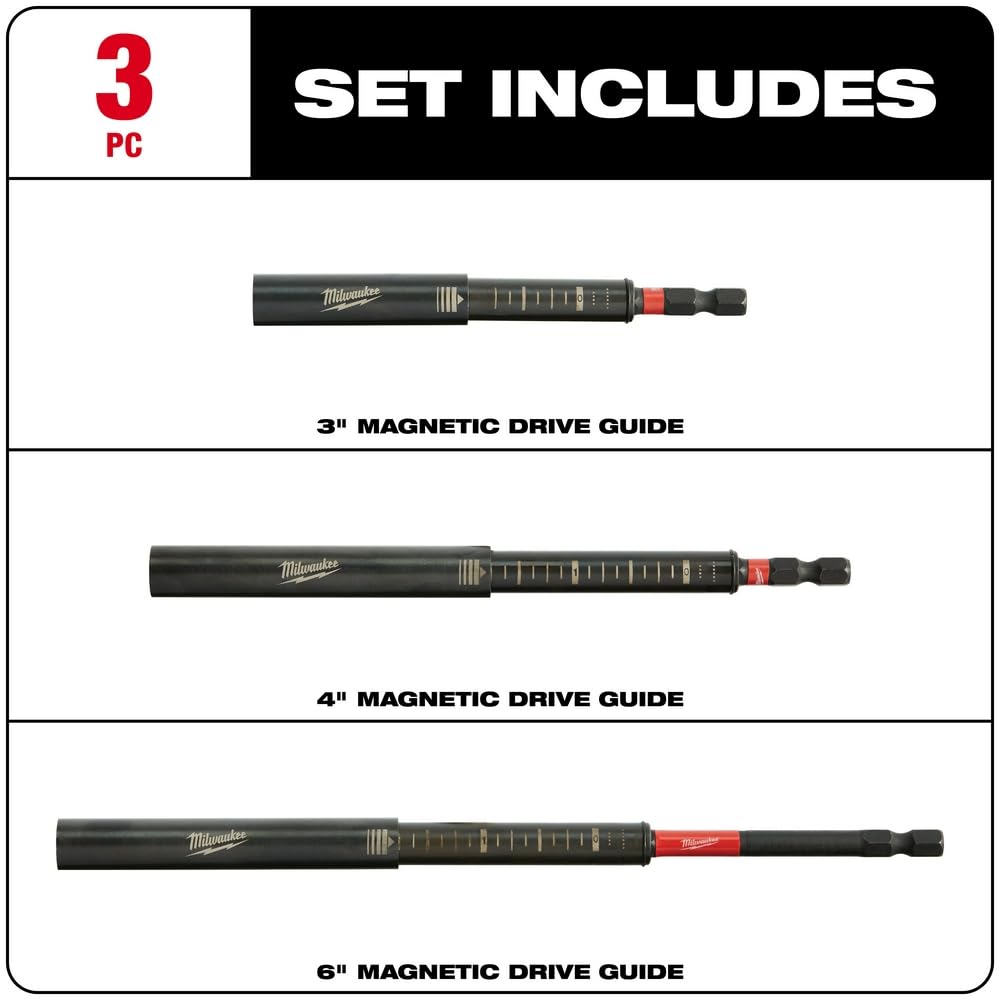 Milwaukee Magnetic DRV Guid Set 3P shows laser-etched depth gauge for precise control.