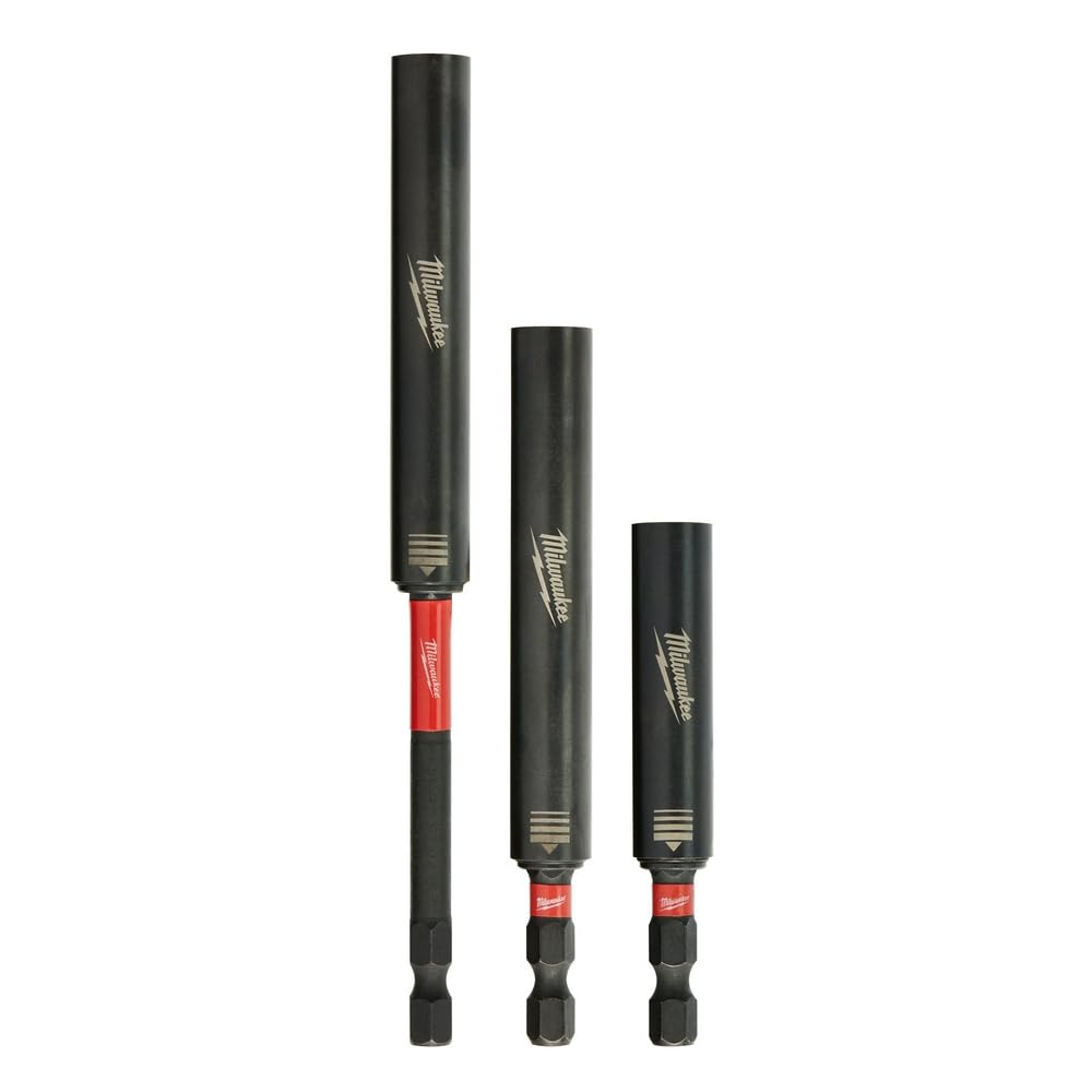 Milwaukee Magnetic DRV Guid Set 3P with stainless steel sleeve extended for stable fastener drive.