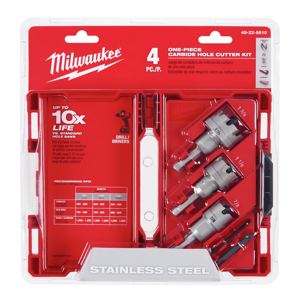 Milwaukee one-piece carbide hole cutter set creating clean holes in metal and wood.
