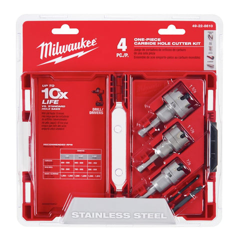 Milwaukee one-piece carbide hole cutter set creating clean holes in metal and wood.