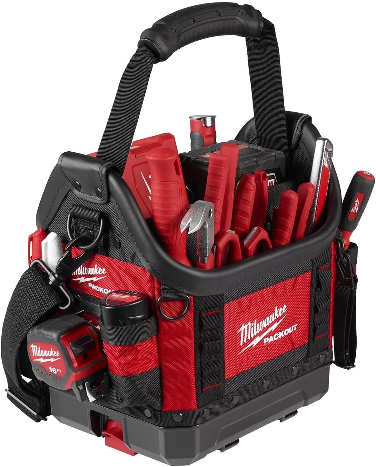 Milwaukee PACKOUT 10 in structured tote durable handle for comfortable carry between sites.