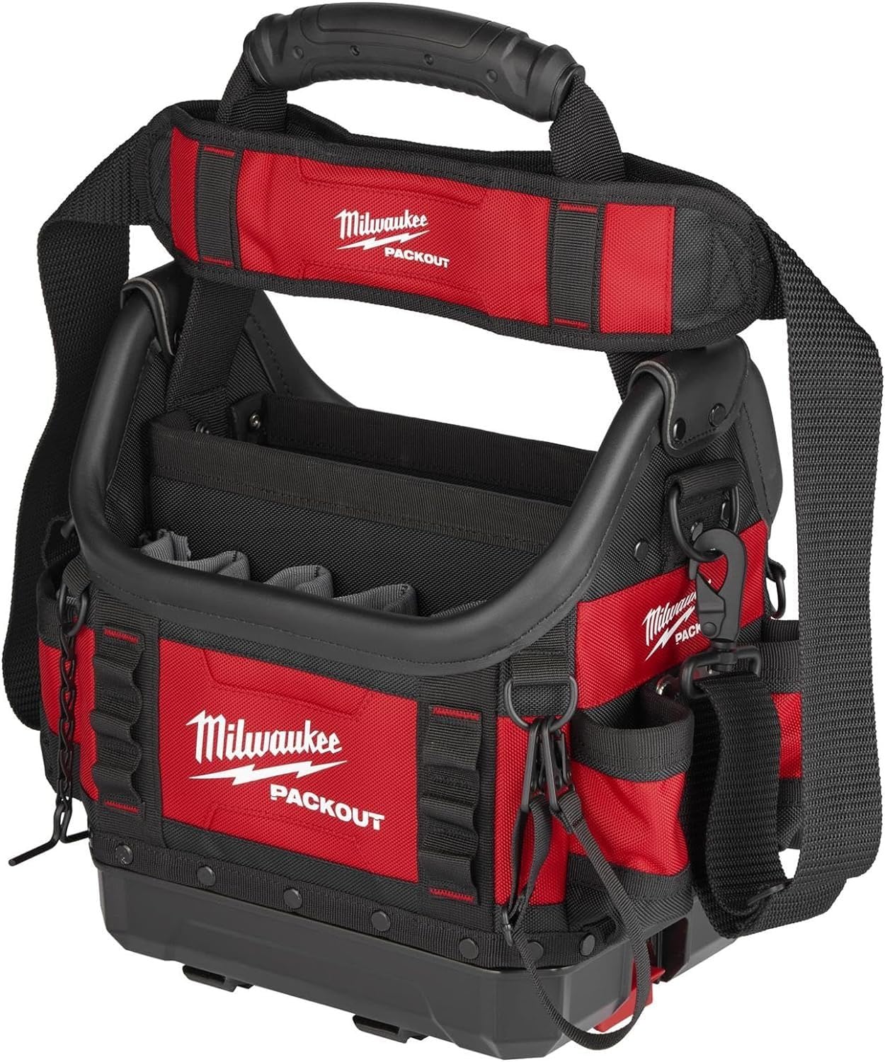 Milwaukee PACKOUT 10 in structured tote front view shows organized storage for tools.