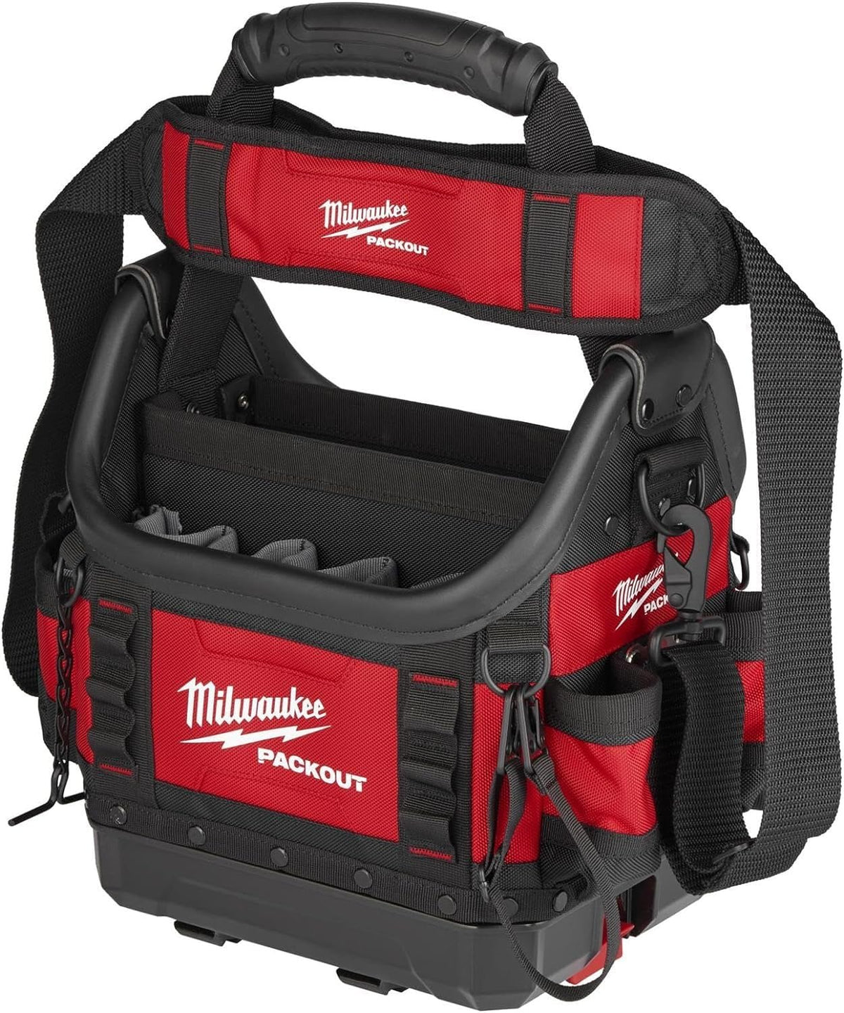 Milwaukee PACKOUT 10 in structured tote front view shows organized storage for tools.