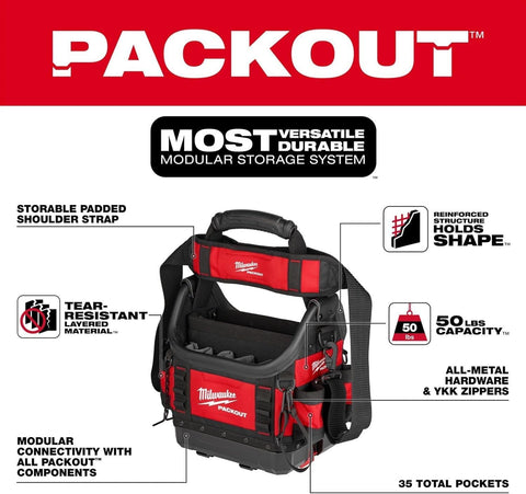 Milwaukee PACKOUT 10 in structured tote open compartments for easy visibility.