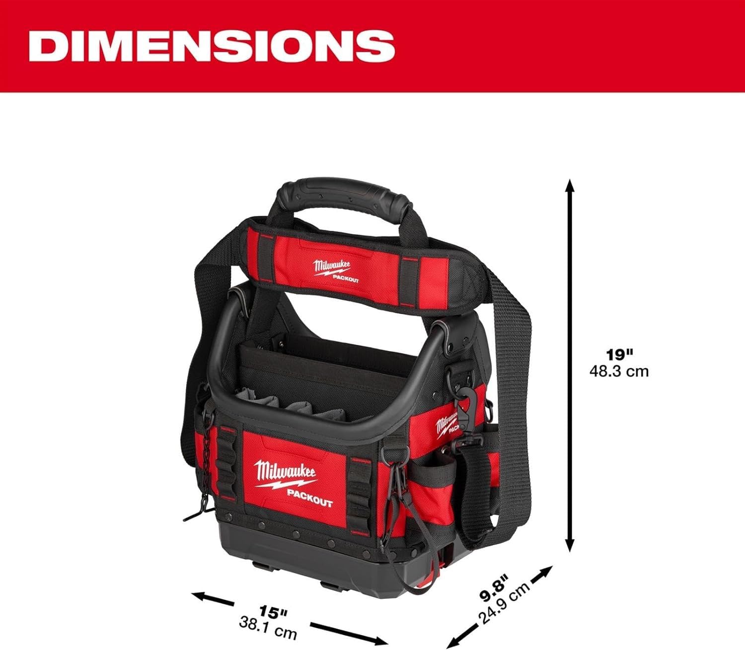 Milwaukee PACKOUT 10 in structured tote side pocket for quick access to small parts.