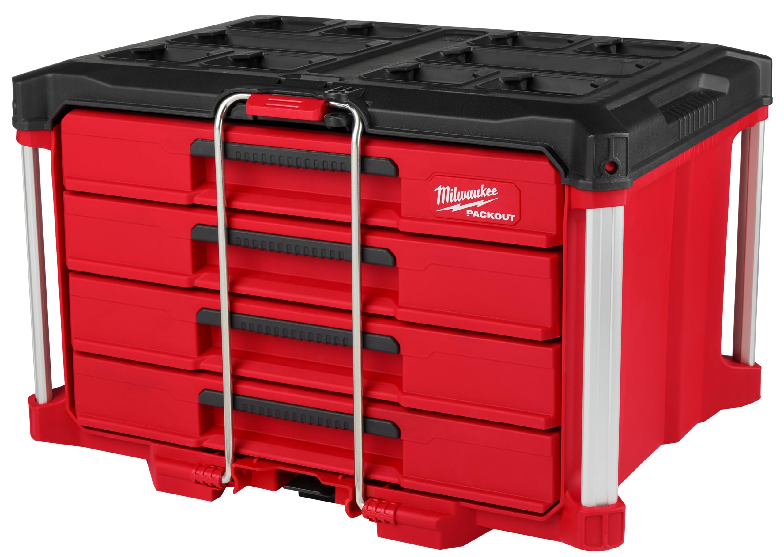 Milwaukee Packout 4-Drawer Organizer front view shows easy tool access.