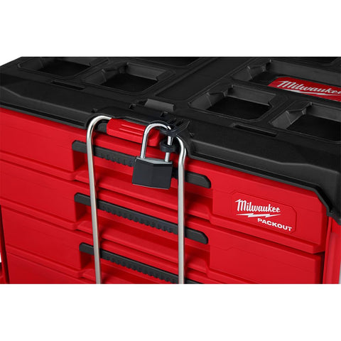 Milwaukee Packout 4-Drawer Organizer inside dividers illustrate adjustable organization.