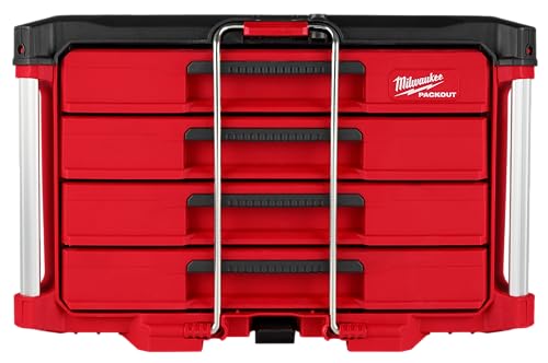 Milwaukee Packout 4-Drawer Organizer lid-open view reveals roomy compartments.