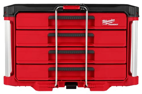 Milwaukee Packout 4-Drawer Organizer lid-open view reveals roomy compartments.