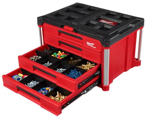 Milwaukee Packout 4-Drawer Organizer lockable bar highlights secure storage.