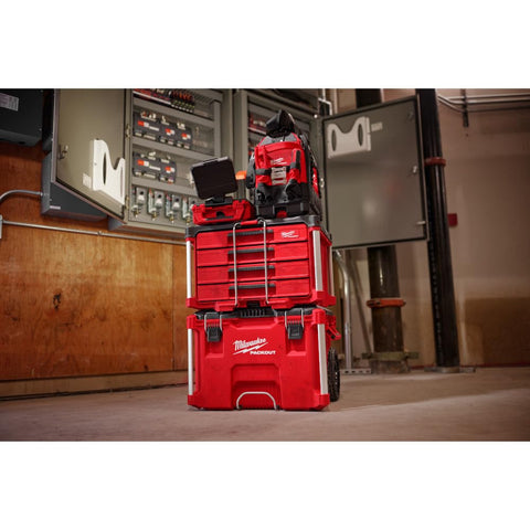 Milwaukee Packout 4-Drawer Organizer stacked with system demonstrates compatibility.