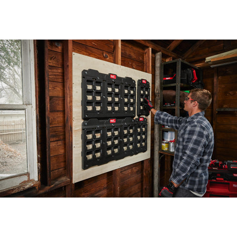Milwaukee Packout compact mounting plate organizes tools in a compact workspace.
