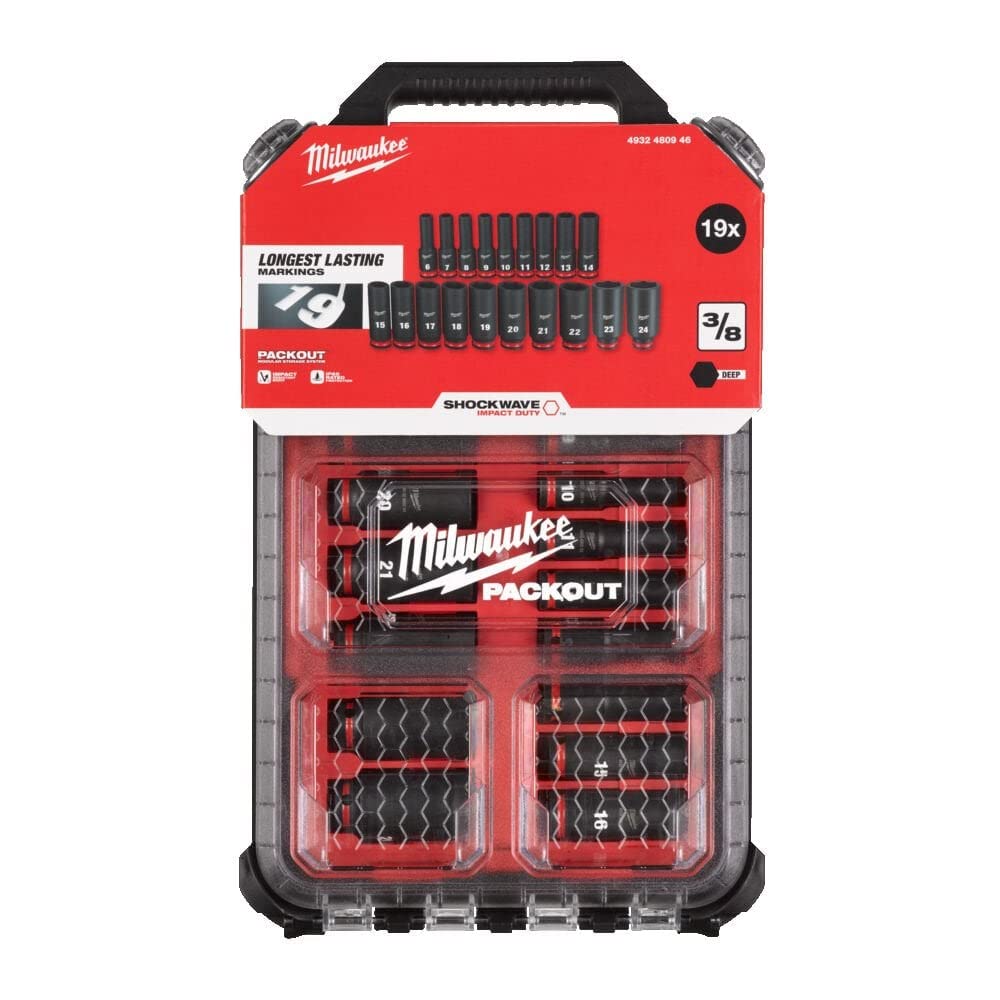 Milwaukee Packout deep impact socket set with 3/8 drive for organized storage.