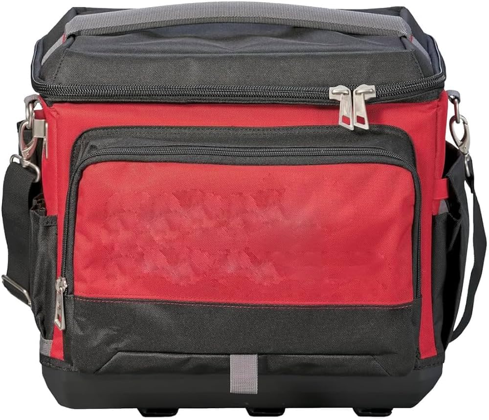 Milwaukee Packout red cooler interior facilitates quick organization.