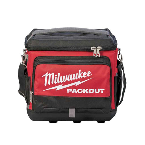 Milwaukee Packout red cooler with sturdy lid for tool-heavy workdays.