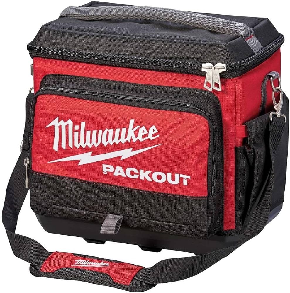 Milwaukee Packout Jobsite Cooler red keeps drinks cold on long shifts.