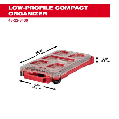 Milwaukee Packout low profile organizer close-up shows durable latching and compartments