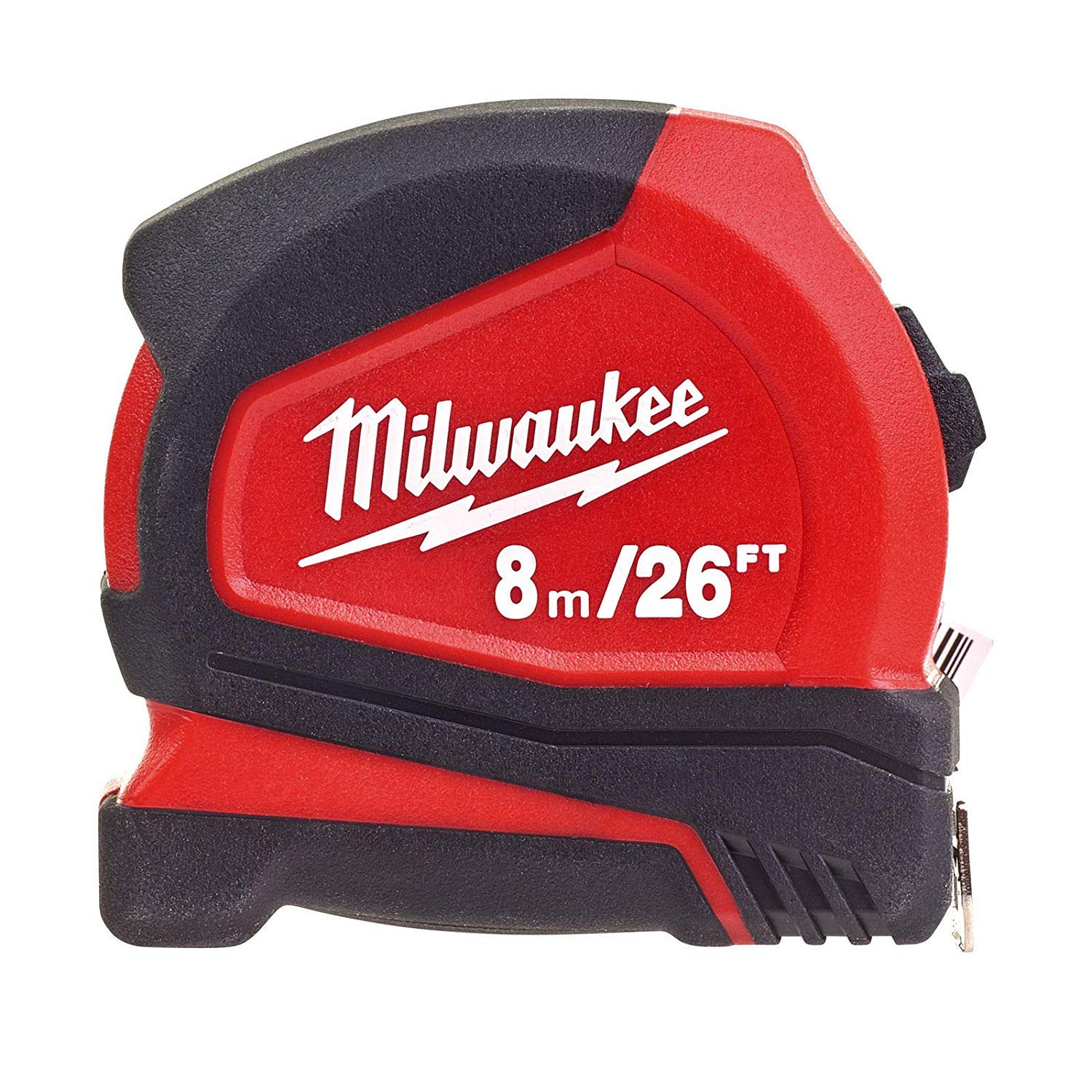 Milwaukee Pro Compact Tape Measure 8m showing a bright red body for fast on-site measurements.