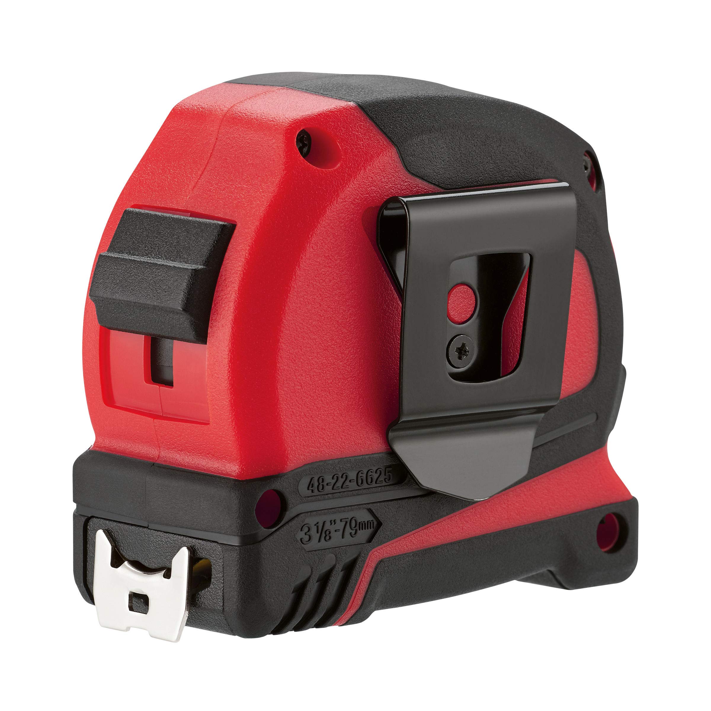 Milwaukee ergonomic-red-body tape measure close-up highlighting easy gripping design.